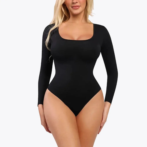 Bodysuit Modelator Tanga cu Mânecă Lungă RunwayShape - Square Neck