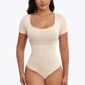 Ofertă 1+1 Bodysuit Modelator Tanga cu Mânecă Scurtă RunwayShape - Scoop Neck